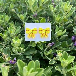 Softball Bow Shaped Earrings Yellow with Red Stitching Design for Kids Teens Mom